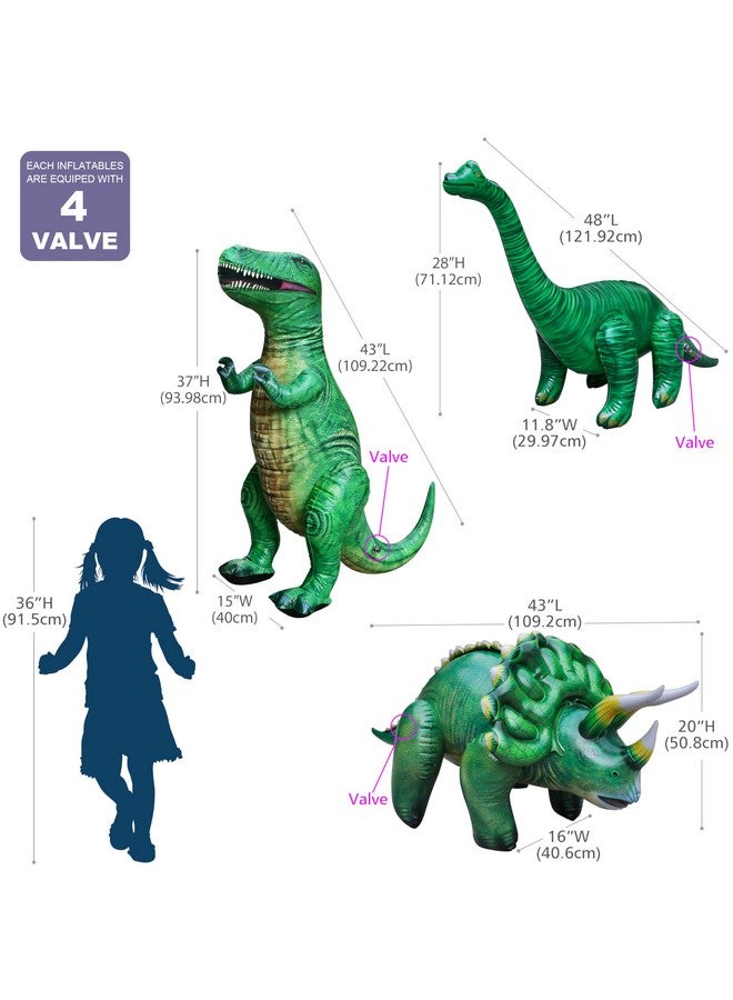 جيت كرييشنز، مجموعة من 3 دمى قابلة للنفخ على شكل ديناصور تي ريكس براكيوصوروس ترايسيراتوبس، مقاس 37-48 بوصة | ألعاب ديناصورات ما قبل التاريخ للبالغين والأطفال من سن 3 سنوات فما فوق | هدايا حفلات أعياد ميلاد قابلة للنفخ، ديكورات، حمامات سباحة - Image 2