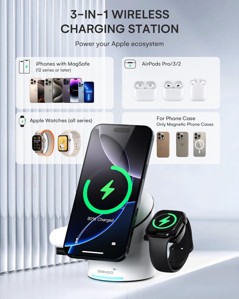 ZEEHOO 3 in 1 Charging Station for Apple Devices, Mag-Safe Charger Stand, Qi2 15W Auto-Rotating Wireless Charger for iPhone 17 16/15/14/13/12 Series& AirPods& iWatch(White) - Image 4