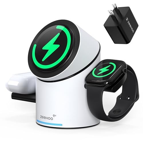 ZEEHOO 3 in 1 Charging Station for Apple Devices, Mag-Safe Charger Stand, Qi2 15W Auto-Rotating Wireless Charger for iPhone 17 16/15/14/13/12 Series& AirPods& iWatch(White) - Image 1