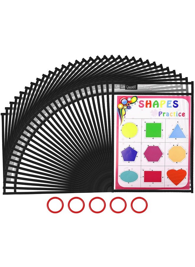 Gamenote Dry Erase Pockets 30 Pack With Rings - Oversized Reusable Plastic Sleeves Shop Ticket Holders Sheet Protectors Teacher Supplies Organization For Classroom Must Have (Black)  - Image 1