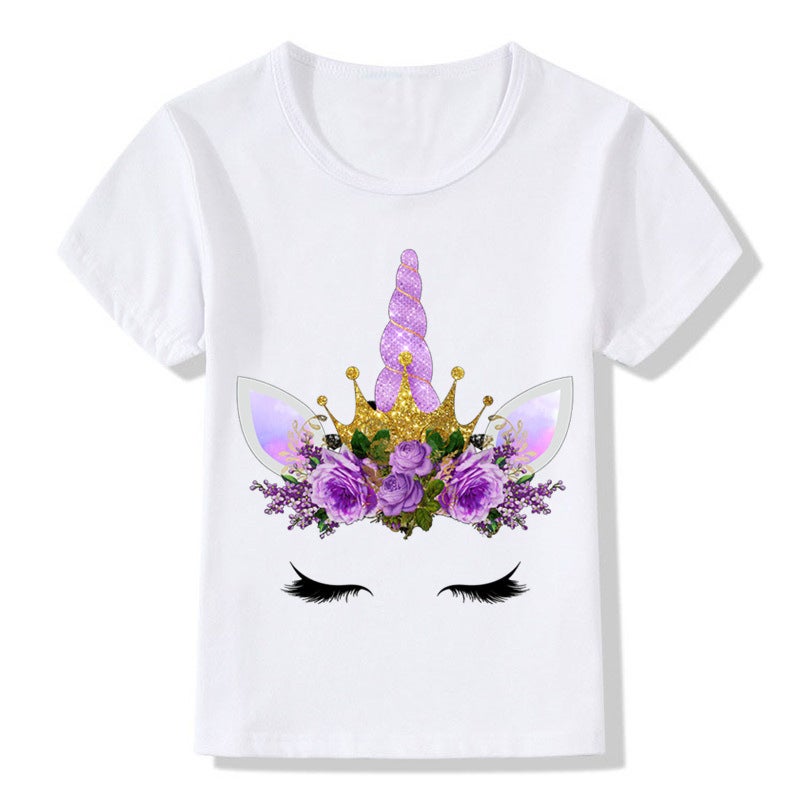 Adult children eyelash ears unicorn horn printed white T-shirt short sleeve women's wish/ - Image 1