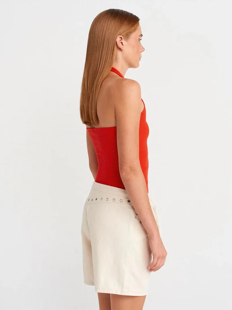 Dilvin Dilvin Crop Halterneck Ribbed Blouse With Stone Detail