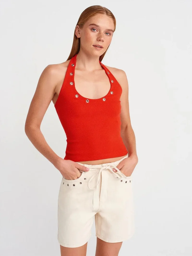 Dilvin Dilvin Crop Halterneck Ribbed Blouse With Stone Detail