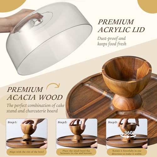 Fyctio Cake Stand with Lid, 2 In 1 Cake Stand, 12in Round Acrylic Cake Stand with Dome, Acacia Wood Cake Container, Comes with Cake Paper, Perpare for Cake, Dessert, Cookie, No Glass - Image 4