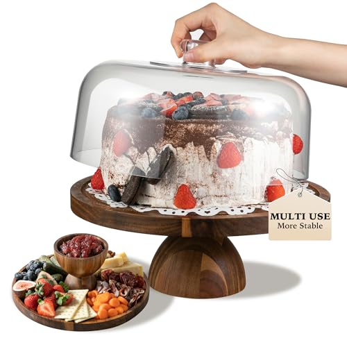 Fyctio Cake Stand with Lid, 2 In 1 Cake Stand, 12in Round Acrylic Cake Stand with Dome, Acacia Wood Cake Container, Comes with Cake Paper, Perpare for Cake, Dessert, Cookie, No Glass - Image 1