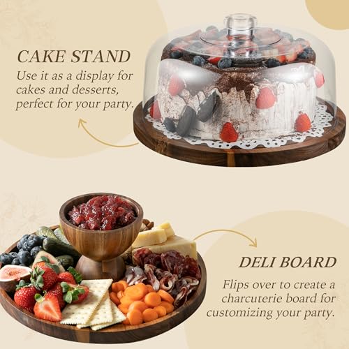 Fyctio Cake Stand with Lid, 2 In 1 Cake Stand, 12in Round Acrylic Cake Stand with Dome, Acacia Wood Cake Container, Comes with Cake Paper, Perpare for Cake, Dessert, Cookie, No Glass - Image 5