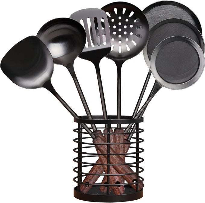 KITCHEN COOKING UTENSILS SET WITH UTENSIL HOLDER 8 PCS SERVING TOOL304 STAINLESS STEEL KITCHEN COOKING SPATULA SETSPATULASOUP LADLE SKIMMER SPOONSLOTTED TUNNERFINE MESH FOOD STRAINER