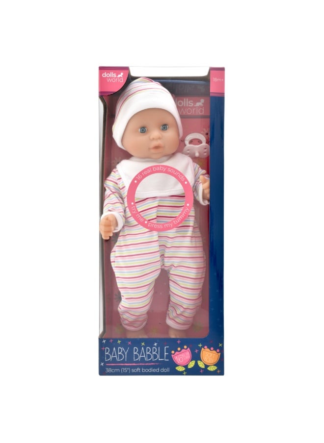 dolls world Baby Babble 15 inch Deluxe Soft Doll 16 Baby Sounds Sleeping Eyes from Peterkin gift for kids of Age above 3 years  - Image 1