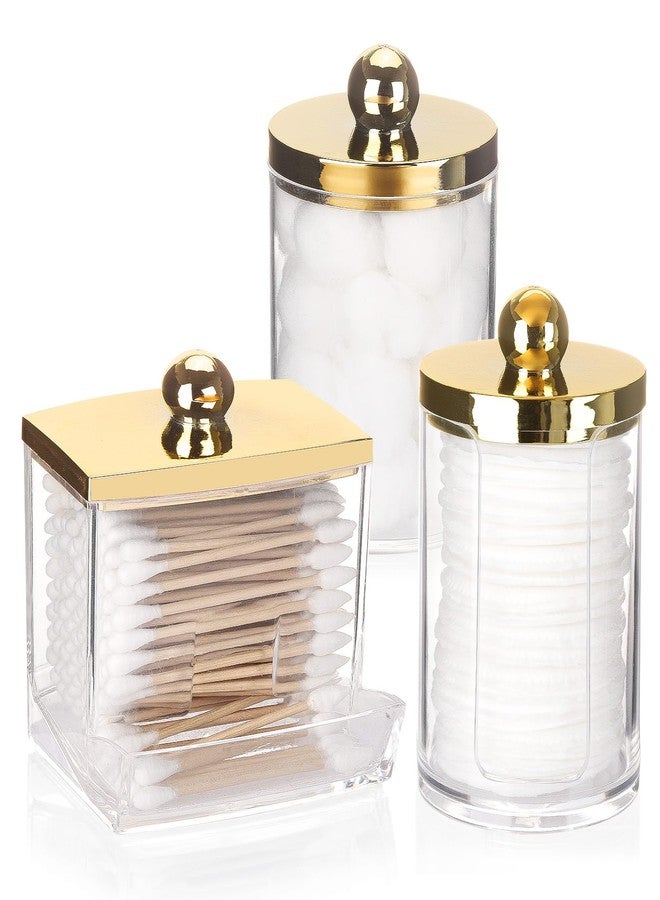 Tbestmax 3 Pack Qtips Dispenser - Bathroom Organizers and Storage Containers, Plastic Apothecary Jars with Gold Lids for Cotton Ball Swab Round Pads, Floss - Gold - Image 1