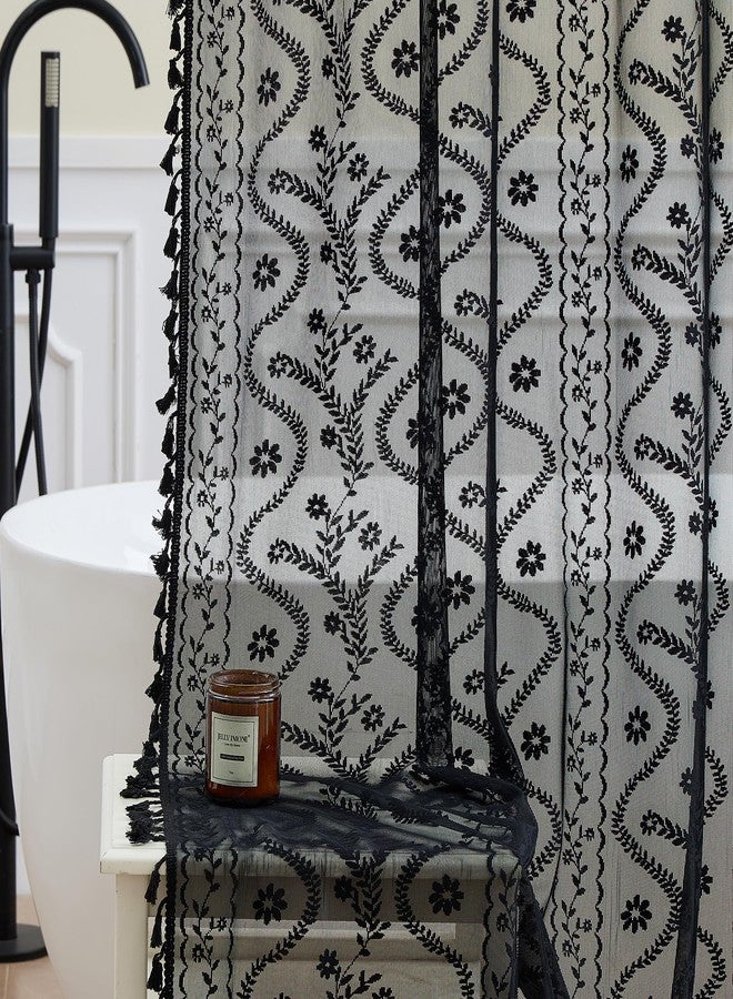 WAZZIO Black Lace Shower Curtain - Vintage Pretty Floral Sheer Shower Curtains Goth, Decorative Tassel Bath Curtains for Bathroom, 72 x 84 Inch, 1 Panel - Image 4