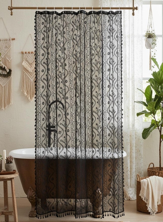 WAZZIO Black Lace Shower Curtain - Vintage Pretty Floral Sheer Shower Curtains Goth, Decorative Tassel Bath Curtains for Bathroom, 72 x 84 Inch, 1 Panel - Image 1