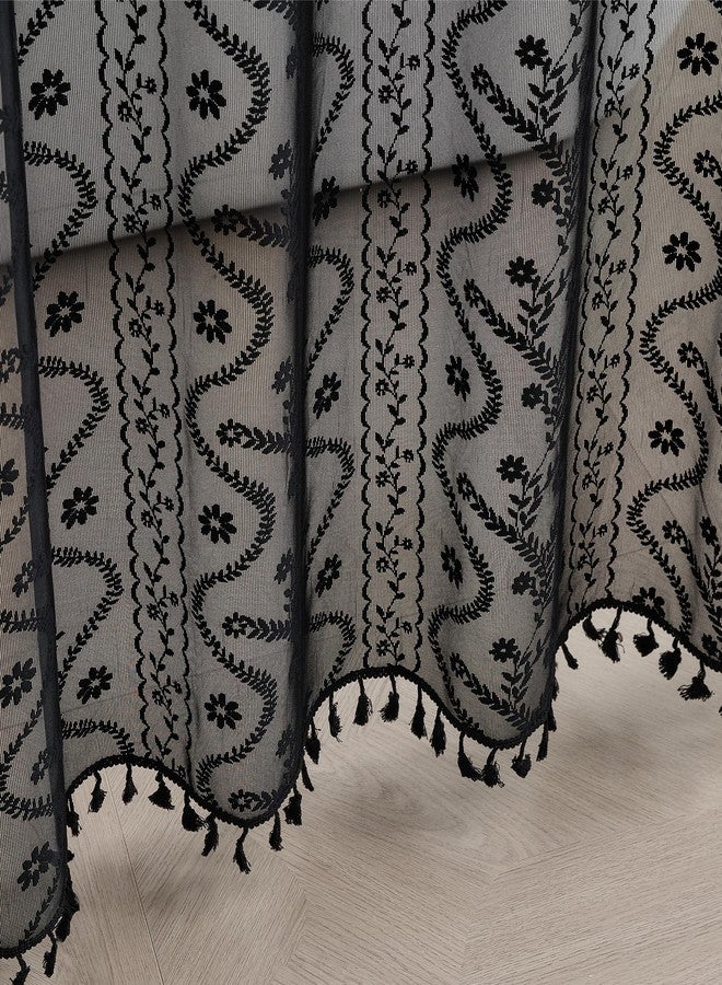 WAZZIO Black Lace Shower Curtain - Vintage Pretty Floral Sheer Shower Curtains Goth, Decorative Tassel Bath Curtains for Bathroom, 72 x 84 Inch, 1 Panel - Image 5