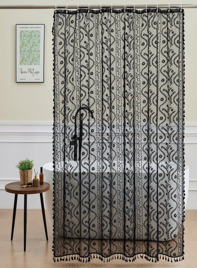 WAZZIO Black Lace Shower Curtain - Vintage Pretty Floral Sheer Shower Curtains Goth, Decorative Tassel Bath Curtains for Bathroom, 72 x 84 Inch, 1 Panel - Image 2