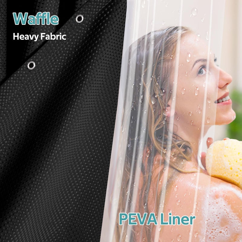 Vipfree 3 in 1 Shower Curtain Set  Waffle Shower Curtain and Liner Set with 6 Double Sided Shower Curtain Hooks  258GSM Luxury Weighted Cloth Shower Curtains for Bathroom  36 W x 72 H  Black - Image 2