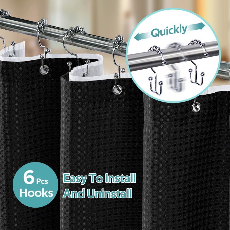 Vipfree 3 in 1 Shower Curtain Set  Waffle Shower Curtain and Liner Set with 6 Double Sided Shower Curtain Hooks  258GSM Luxury Weighted Cloth Shower Curtains for Bathroom  36 W x 72 H  Black - Image 1