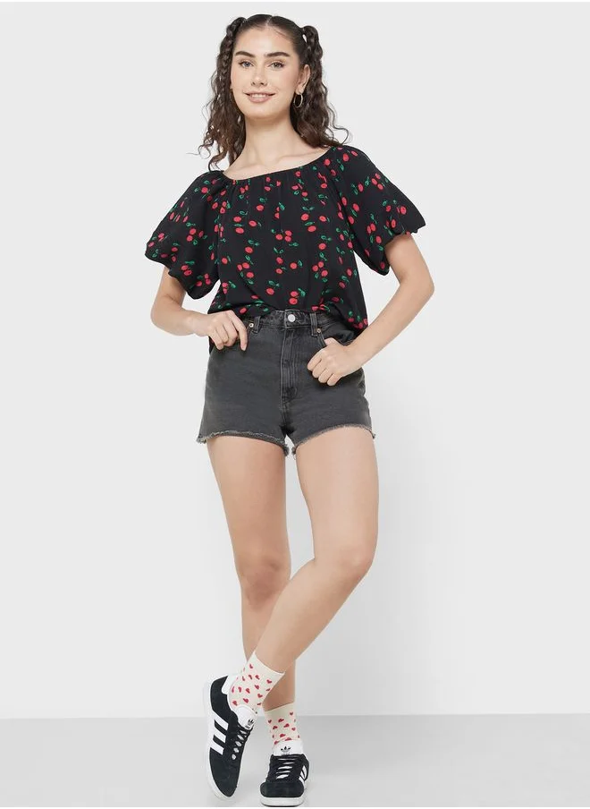 Ginger Puff Sleeve Cherry Print Top