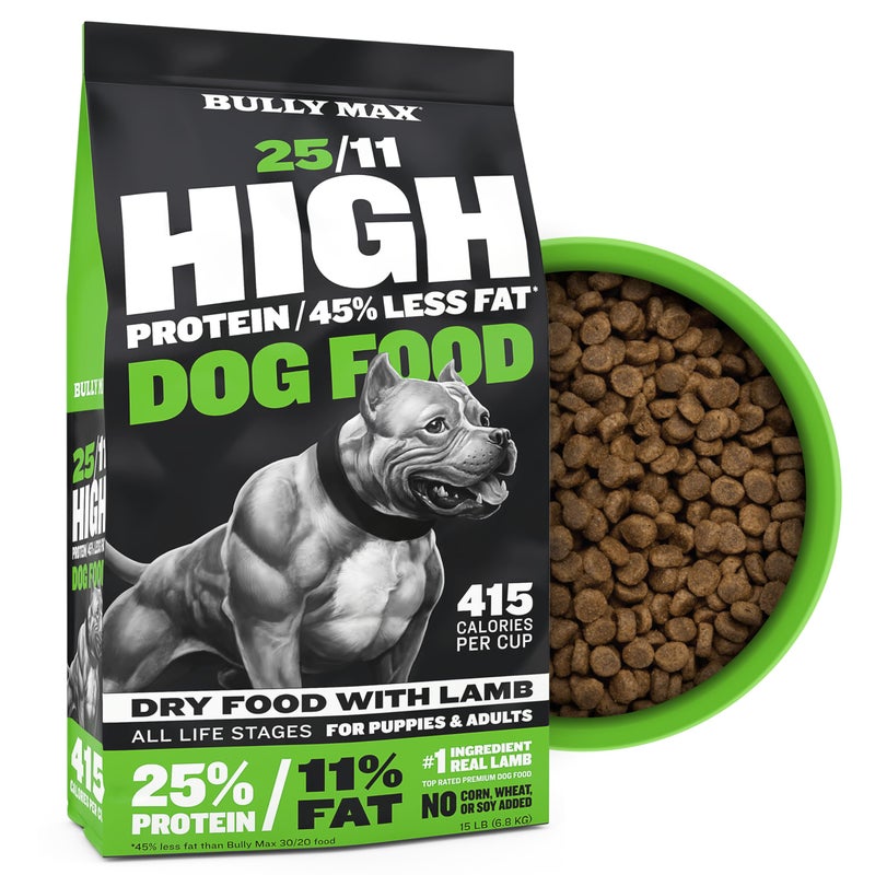 Bully Max 25/11 High Protein & Low Fat Dry Lamb Dog Food for Puppies and Adult Dogs - Chicken-Free Lamb Flavor - Natural Puppy Food for All Ages, Small and Large Breeds - Large Kibble Size, 15 lb. Bag - Image 1