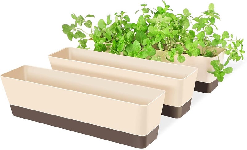Suream Window Box Herb Planters, 3 Pack 16 x3.8 Inch Indoor Rectangle Succulent Cactus Plant Pots with Saucer, Modern Plastic Flower Container for Windowsill, Garden Balcony, Home Office Outdoor Decor - Image 1