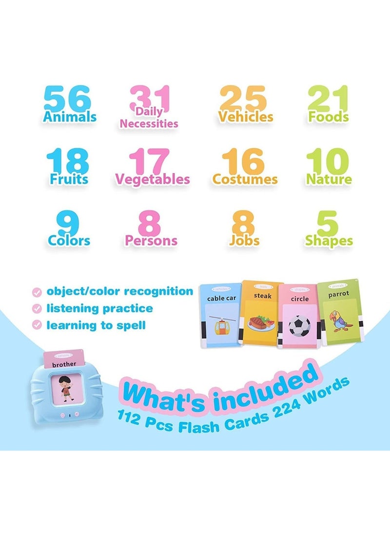 Flash Cards for Toddlers, 224 Words Flashcard Learning toys for 2 3 4 year olds Preschool Learning Resource Electronic Interactive Toys, For Boys and Girls Speech Therapy (BLUE 03)  - Image 2