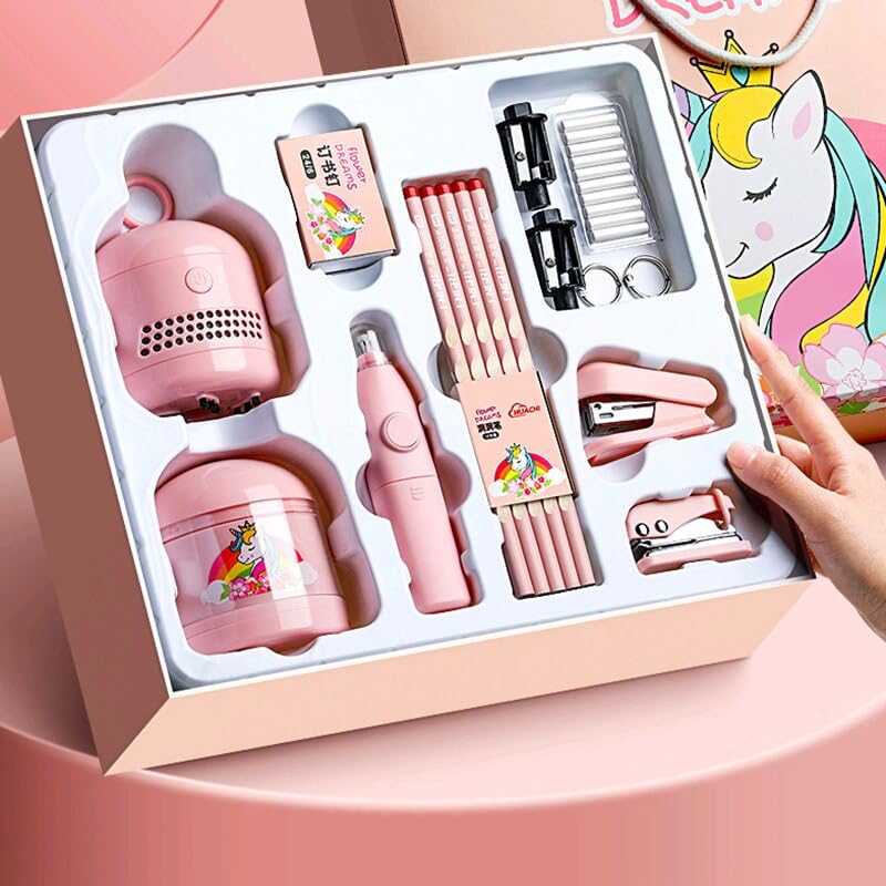 Magicwand Battery Operated Pencil Sharpener,Electric Eraser,Vacuum Cleaner Stationery Set with 10 Eraser Refills for Kids,Adults for Home Office School【3 Yrs & Up】【Flamingo Pink】 - Image 1