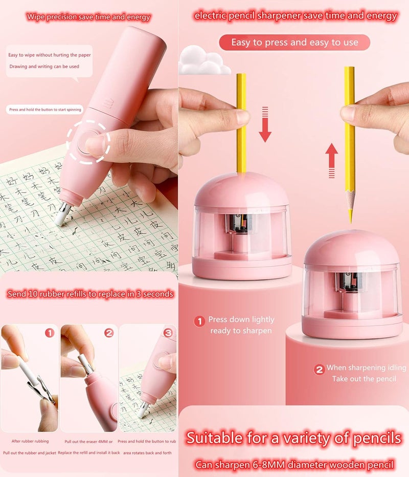 Magicwand Battery Operated Pencil Sharpener,Electric Eraser,Vacuum Cleaner Stationery Set with 10 Eraser Refills for Kids,Adults for Home Office School【3 Yrs & Up】【Flamingo Pink】 - Image 4