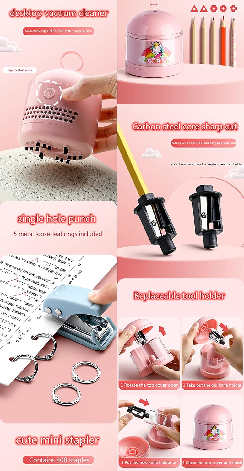 Magicwand Battery Operated Pencil Sharpener,Electric Eraser,Vacuum Cleaner Stationery Set with 10 Eraser Refills for Kids,Adults for Home Office School【3 Yrs & Up】【Flamingo Pink】 - Image 3