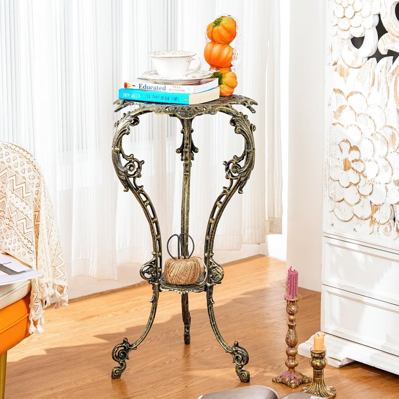 Sungmor Vintage Cast Iron Plant Stand - Ornate Gold Pedestal Table for Indoor Outdoor Garden, 27.5" Antique Metal Flower Pot Holder, Victorian Style Plant Display Stand - Patio, Porch, Balcony DÃ©cor - Image 2