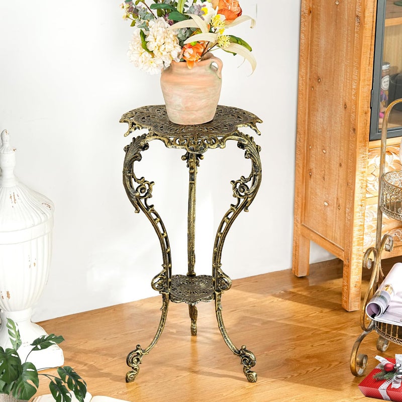 Sungmor Vintage Cast Iron Plant Stand - Ornate Gold Pedestal Table for Indoor Outdoor Garden, 27.5" Antique Metal Flower Pot Holder, Victorian Style Plant Display Stand - Patio, Porch, Balcony DÃ©cor - Image 4