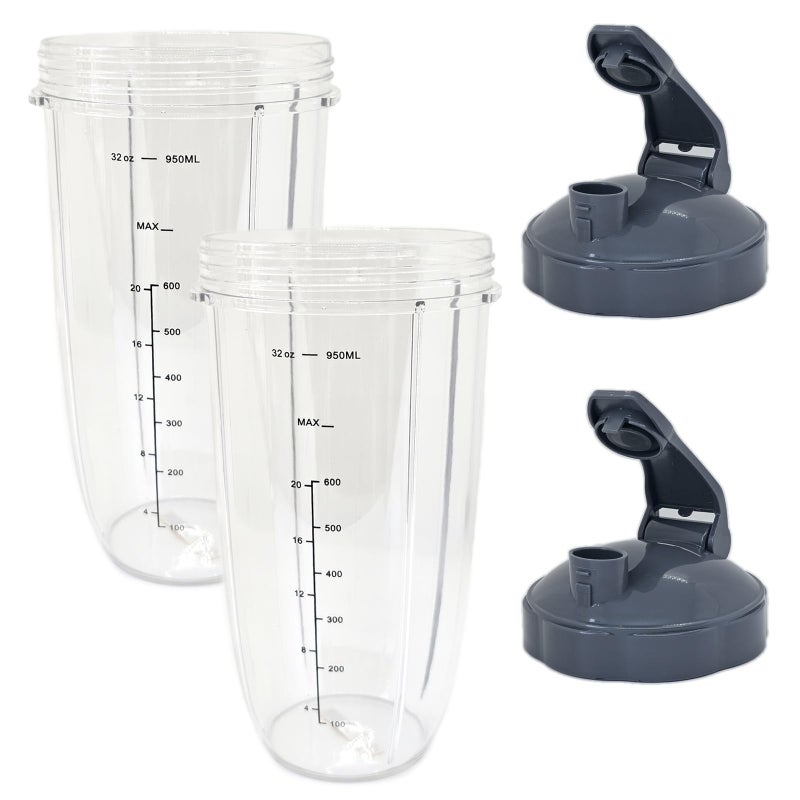 4 Pieces 32oz Blender Cups Compatible with Nutribullet Pro 600W 900W Replacement Parts with Convenient FlipTop ToGo Lid