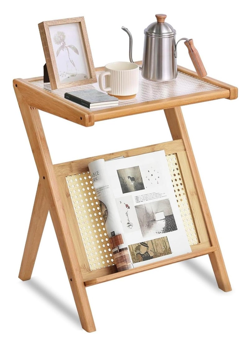 LINGWEI Bamboo and Rattan Harmony Modern Z Shaped Nightstand with Glass Top Stylish and Practical Accent Furniture For Bedroom and Living Room Perfect For Small Spaces Apartments  - Image 2