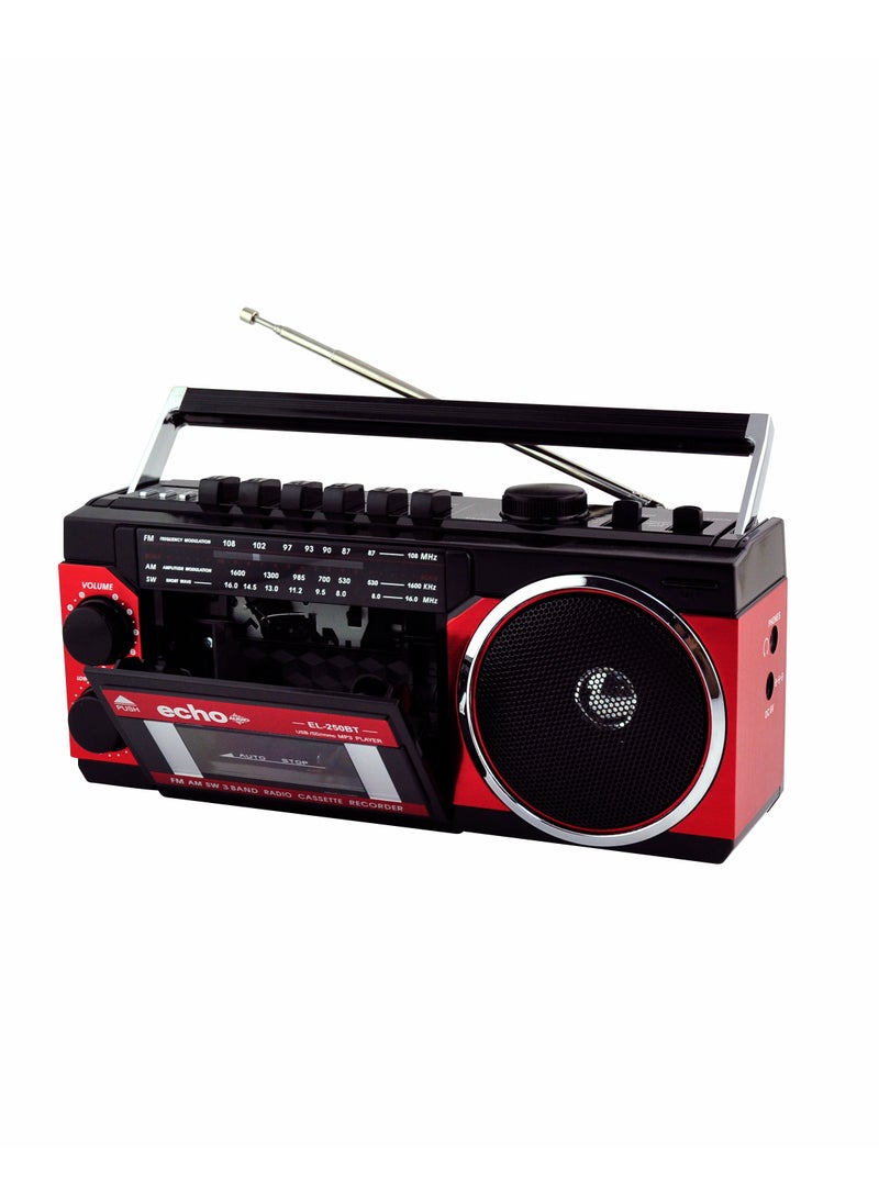 echo AUDIO - Echo Audio Retro Blast Mini Boombox Portable Audio Cassette Player Tape Recorder Bluetooth Function 3 Band Radio AM/FM/SW 1x8W X-Bass Speaker Voice Recording Headphone Jack USB SD Card Input - Image 1