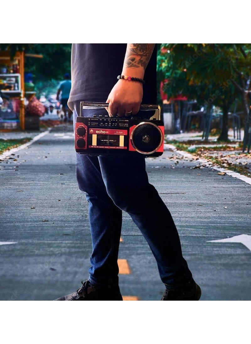 echo AUDIO - Echo Audio Retro Blast Mini Boombox Portable Audio Cassette Player Tape Recorder Bluetooth Function 3 Band Radio AM/FM/SW 1x8W X-Bass Speaker Voice Recording Headphone Jack USB SD Card Input - Image 1