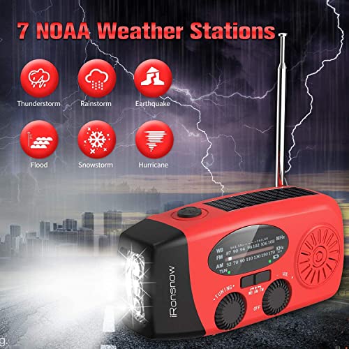 iRonsnow راديو الطقس الطارئ اليدوي من iRonsnow بالطاقة الشمسية، راديو NOAA AM/FM محمول يعمل بالطاقة الذاتية مع إنذار SOS ومصباح LED فلاش 2000mAh وشاحن USB للهاتف الذكي للتخييم (أحمر) - Image 5