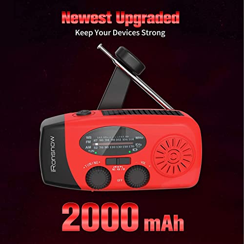 iRonsnow راديو الطقس الطارئ اليدوي من iRonsnow بالطاقة الشمسية، راديو NOAA AM/FM محمول يعمل بالطاقة الذاتية مع إنذار SOS ومصباح LED فلاش 2000mAh وشاحن USB للهاتف الذكي للتخييم (أحمر) - Image 2