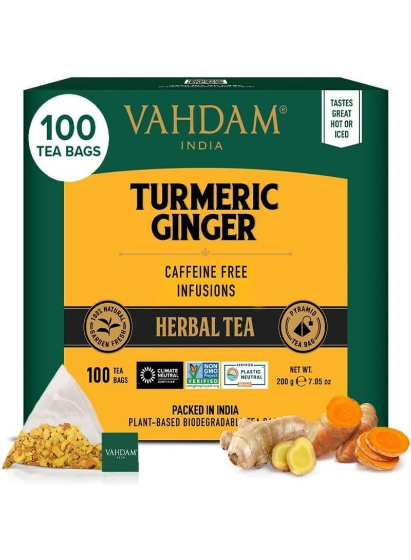 vahdam, Turmeric & Ginger Herbal Tea Bags (100 Pyramid Teabags) Caffeine Free, Non-GMO, Gluten Free | 100% Pure Herbal Blend - Delicious & Spicy | Whole Loose Tea Bags
