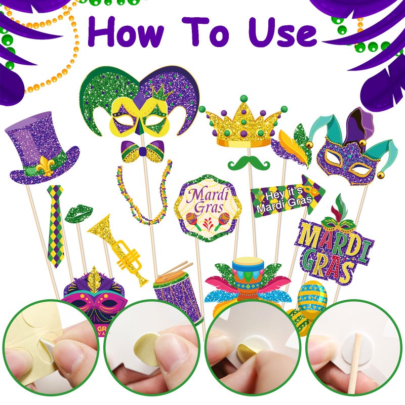 Fumwase 30Pcs Mardi Gras Photo Booth Props Mardi Gras Party Favors Funny Photo Booth Props Mardi Gras Party Decorations for Masquerade Fat Tuesday Carnival Wedding - Image 3