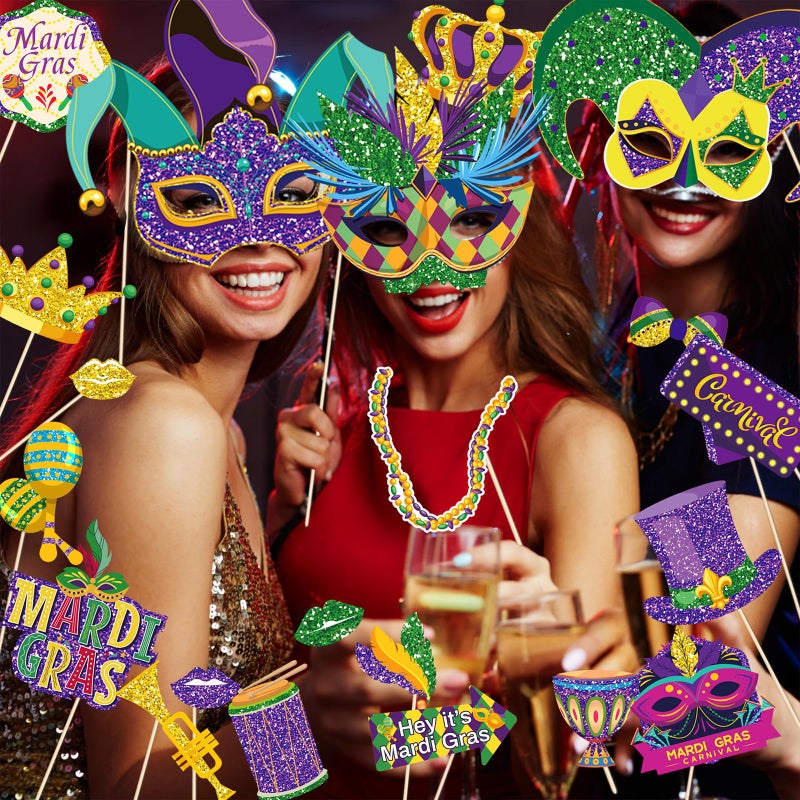Fumwase 30Pcs Mardi Gras Photo Booth Props Mardi Gras Party Favors Funny Photo Booth Props Mardi Gras Party Decorations for Masquerade Fat Tuesday Carnival Wedding - Image 4