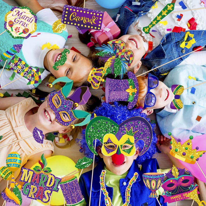 Fumwase 30Pcs Mardi Gras Photo Booth Props Mardi Gras Party Favors Funny Photo Booth Props Mardi Gras Party Decorations for Masquerade Fat Tuesday Carnival Wedding - Image 5