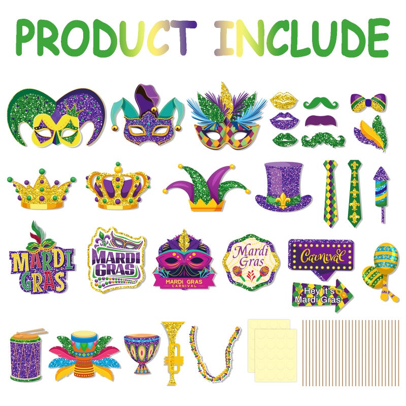 Fumwase 30Pcs Mardi Gras Photo Booth Props Mardi Gras Party Favors Funny Photo Booth Props Mardi Gras Party Decorations for Masquerade Fat Tuesday Carnival Wedding - Image 2