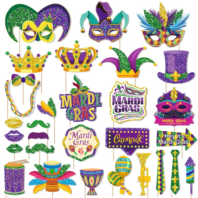 Fumwase 30Pcs Mardi Gras Photo Booth Props Mardi Gras Party Favors Funny Photo Booth Props Mardi Gras Party Decorations for Masquerade Fat Tuesday Carnival Wedding - Image 1