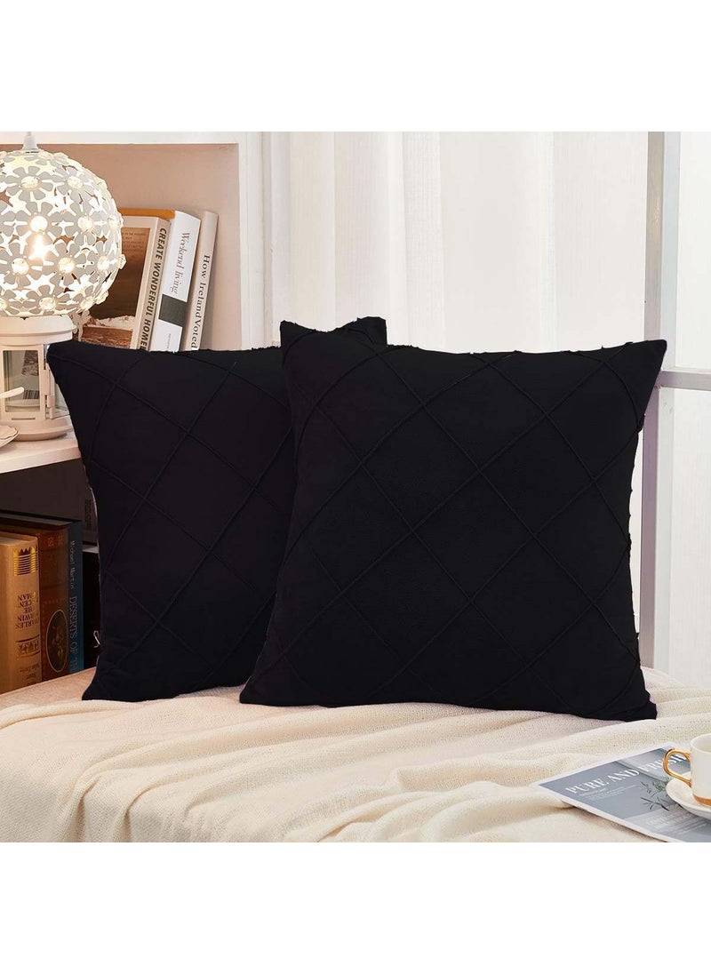 AMICA AMICA Luxurious Diamond Pinch Pleated Crystal Velvet Pillowcases Solid Pintuck Throw Cushion Cover for Home Decor Hidden Zipper Closure (Black, 18'' X 18'' Inch)  - Image 1