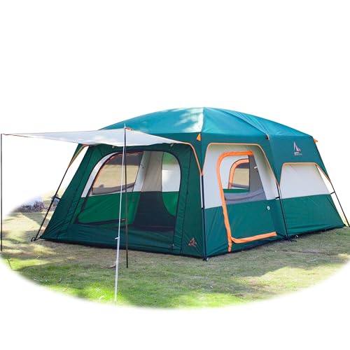 KTT Extra Large Tent 12 Person,Family Cabin Tents,2 Rooms,3 Doors and 3 Windows with Mesh,Straight Wall,Waterproof,Double Layer,Big Tent for Outdoor,Picnic,Camping,Family Gathering(Green) - Image 1