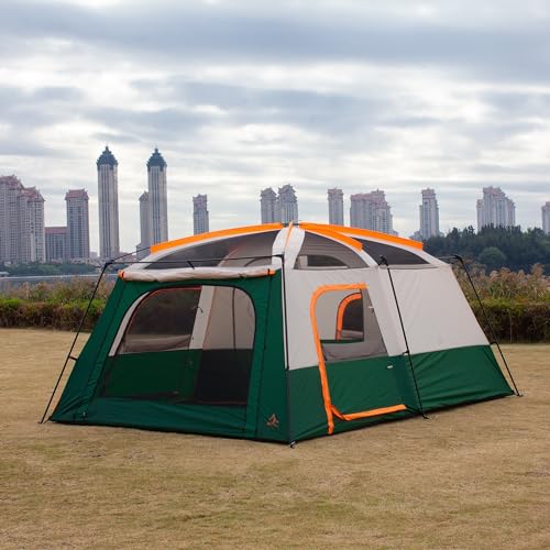 KTT Extra Large Tent 12 Person,Family Cabin Tents,2 Rooms,3 Doors and 3 Windows with Mesh,Straight Wall,Waterproof,Double Layer,Big Tent for Outdoor,Picnic,Camping,Family Gathering(Green) - Image 2