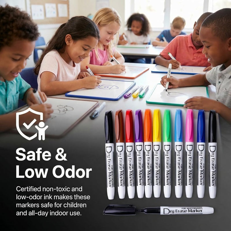 Volcanics Dry Erase Markers Low Odor Fine Whiteboard Markers Thin Box of 12, 10 Colors - Image 3