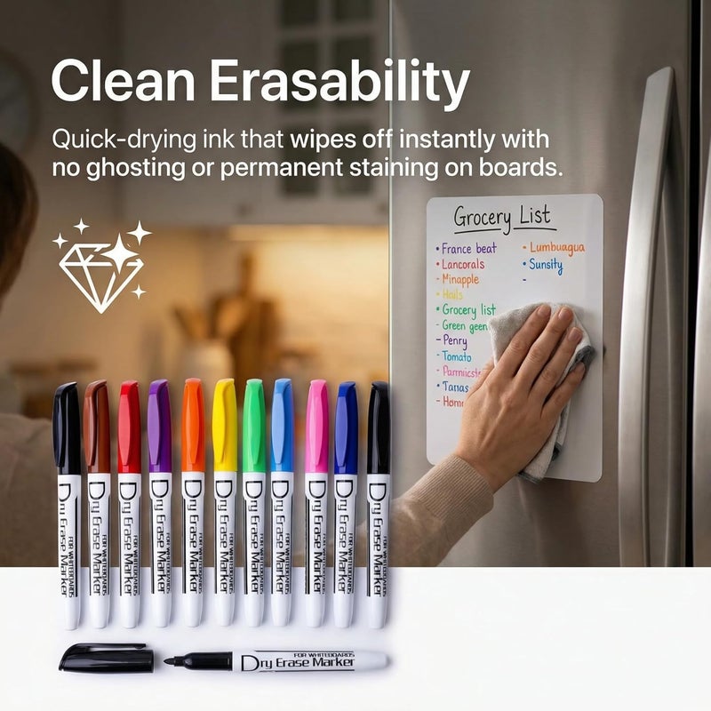 Volcanics Dry Erase Markers Low Odor Fine Whiteboard Markers Thin Box of 12, 10 Colors - Image 2