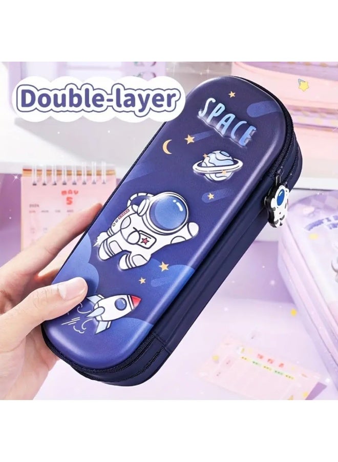 Premium Double Layer Space Pencil Case 3D Cover Eva Space Astronaut Theme Large Capacity Pencil Zipper Pouch Bag Compass School Organizer Students Kids Stylish Pen Holder Stationery Box blue - Image 4