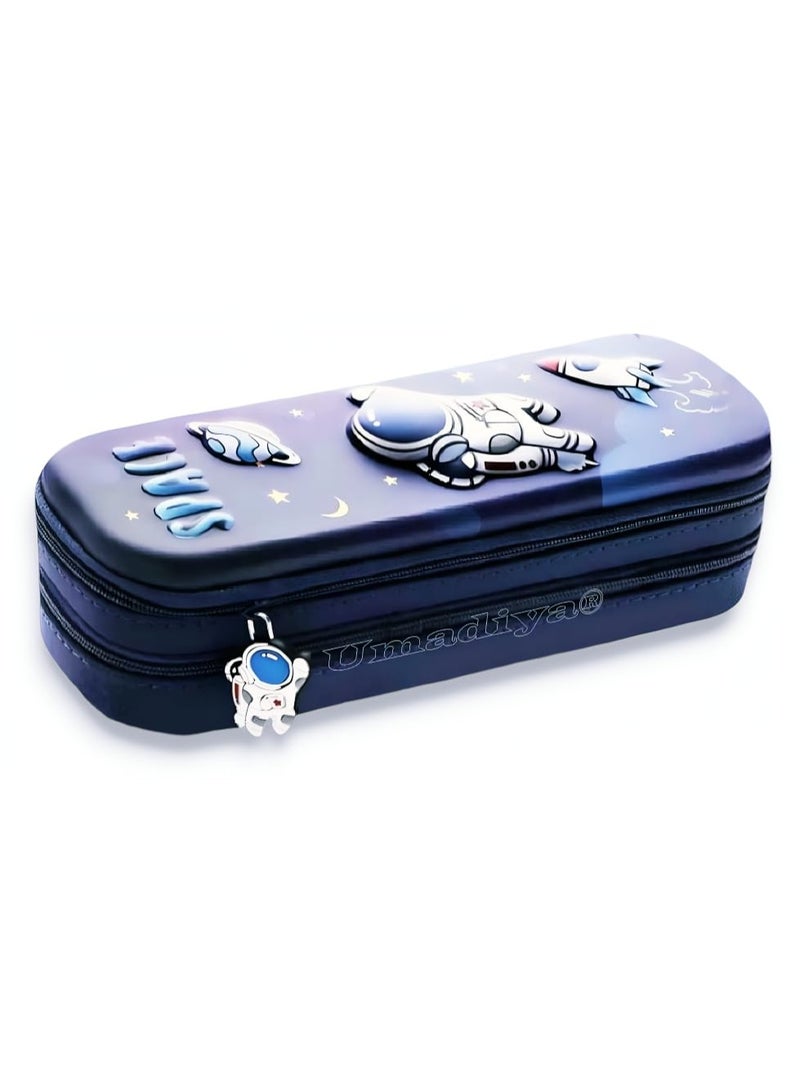 Premium Double Layer Space Pencil Case 3D Cover Eva Space Astronaut Theme Large Capacity Pencil Zipper Pouch Bag Compass School Organizer Students Kids Stylish Pen Holder Stationery Box blue - Image 2