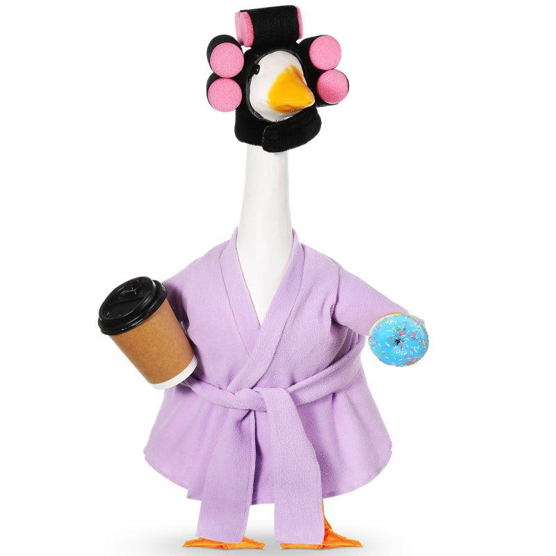 Shyyween Spring Lady Porch Goose Outfit for 23'' Cement Plastic Lawn Goose Summer Statue Clothes Bathrobe Coffee Cup Curlers for Outdoor Garden Yard Patio Decoration(Light Purple) - Image 1