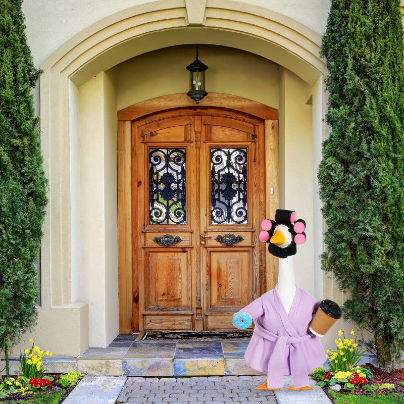 Shyyween Spring Lady Porch Goose Outfit for 23'' Cement Plastic Lawn Goose Summer Statue Clothes Bathrobe Coffee Cup Curlers for Outdoor Garden Yard Patio Decoration(Light Purple) - Image 5