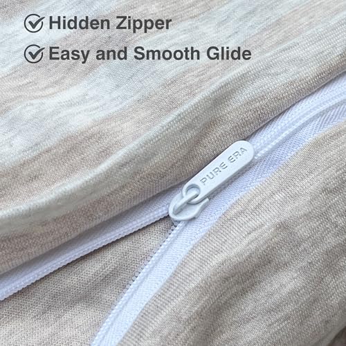 PURE ERA Jersey Knit Duvet Cover Set 100% T-Shirt Heather Cotton Super Soft Comfy Classic Striped Design, with Zipper Closure, Heather Beige Stripe, Queen - Image 4